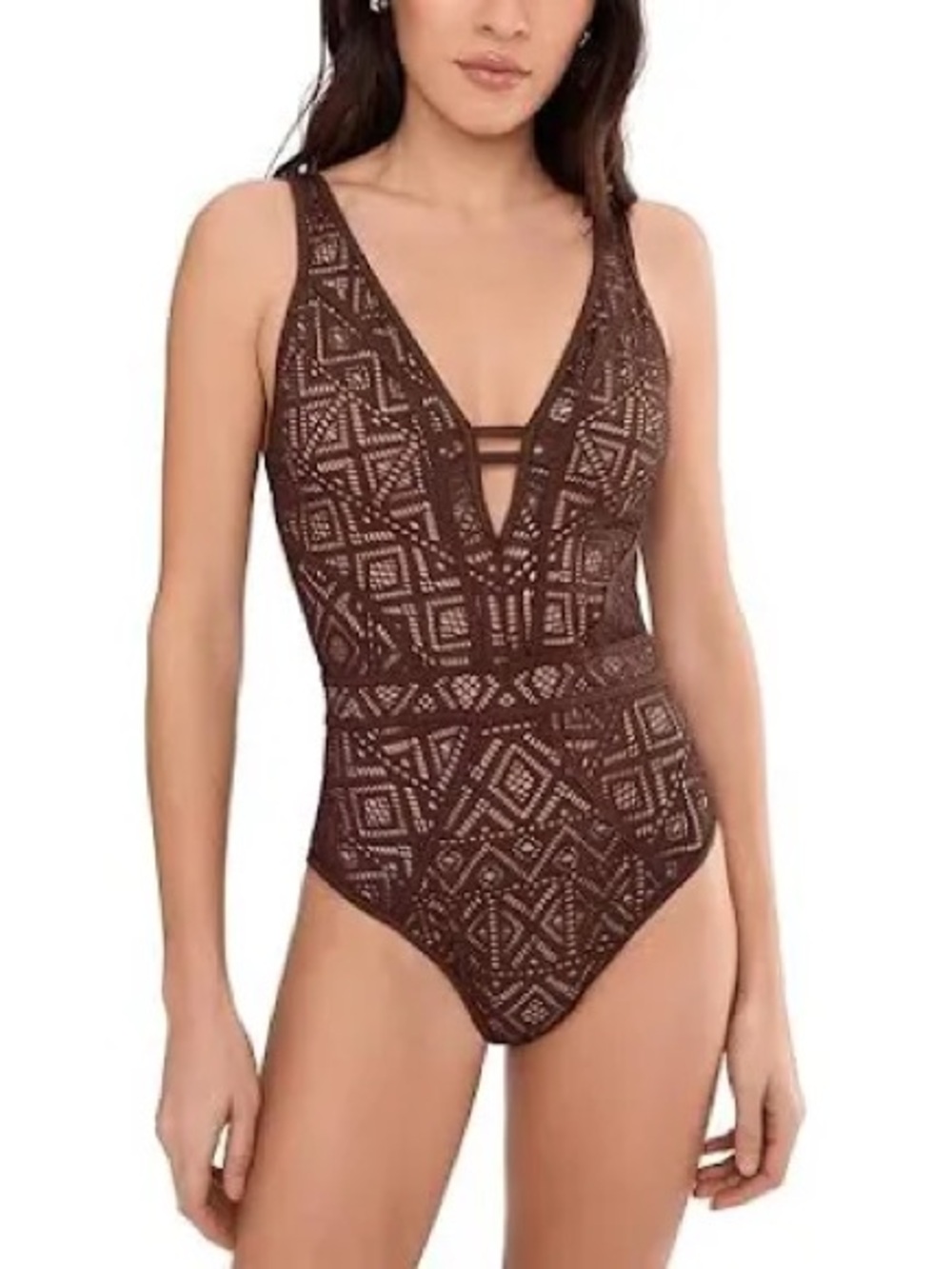 BECCA Swim Plunge Neck Crochet Open Back Swimsuit Merlot Purple Size Medium